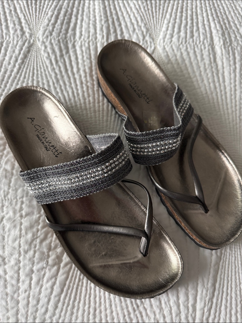 A. Giannetti Metallic Gunmetal Beaded Strap Thong Sandals